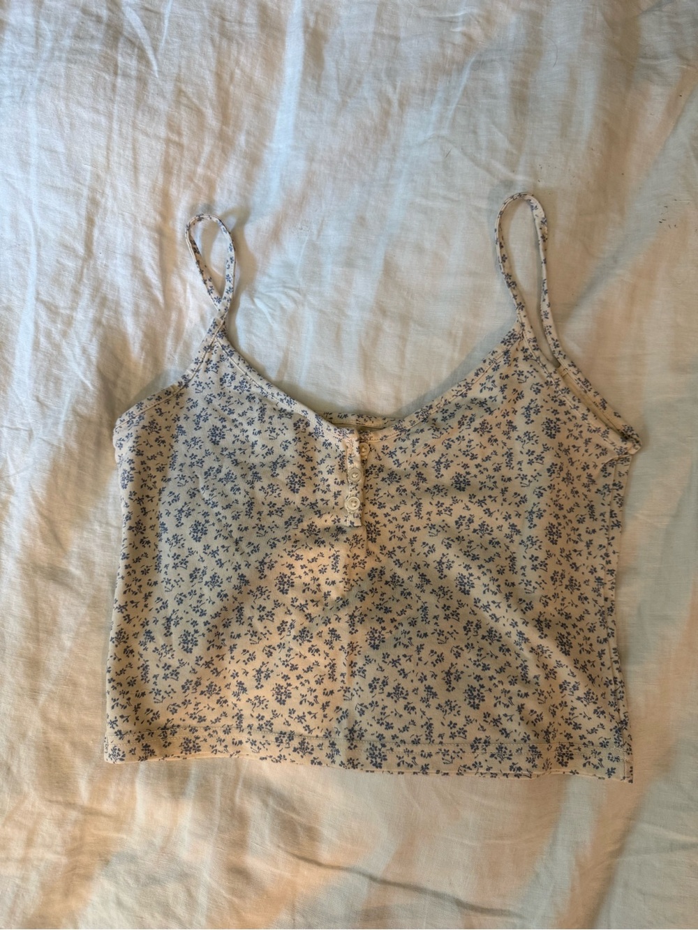 Brandy Melville Cream Crop Cami with Blue Floral Print